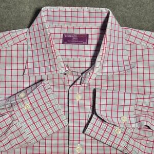 Lorenzo Uomo Trim Fit Dress Shirt Mens 15.5 32/33 Pink Blue Check Cotton Plaid